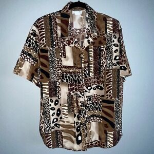 Vintage Teddi Womens Blouse L Brown Animal Print Maximalist Eclectic Patchwork